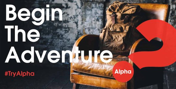 ALPHA Begin the Adventure- backpack on old chair